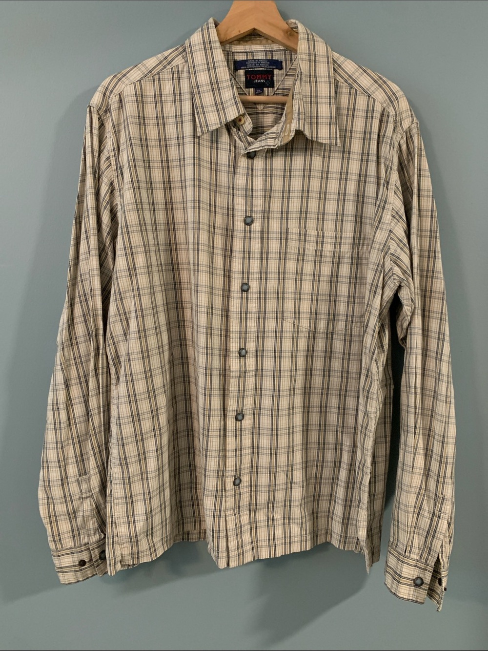 Tommy Hilfiger (Tommy Jeans) Cream Plaid Button-Up Shirt with Blue Stripes